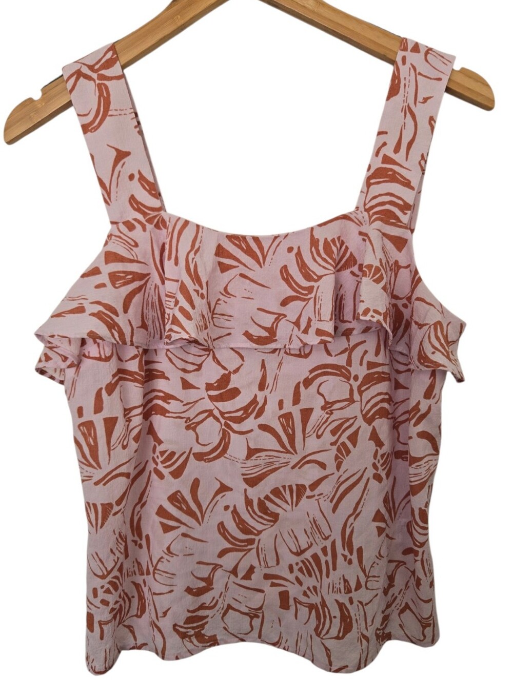 Nine West Medium Pink Rust Tropical Print Ruffle Tank Top Boho - Picture 2 of 4